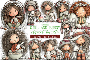 Easter Girl and Bunny Clipart, an Illustration by DreamArtGraphic