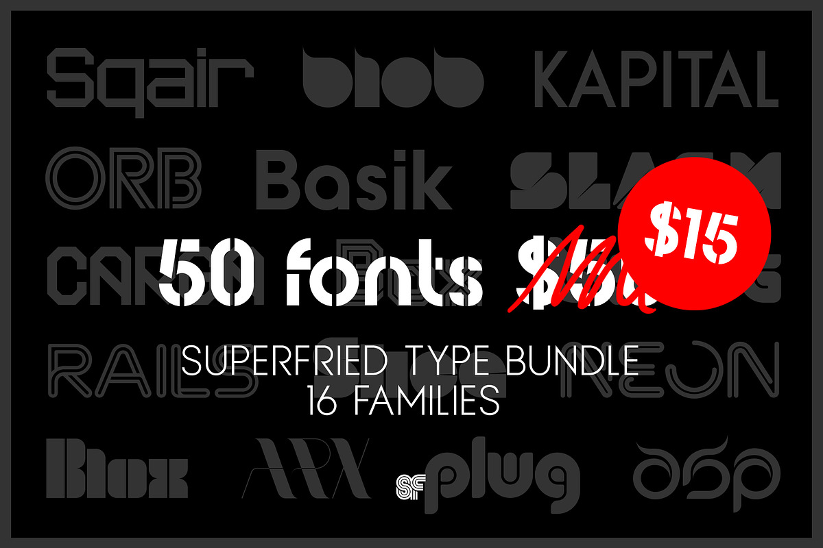 Superfried Bundle | 50 Fonts | $15, a Sans Serif Font by Superfried Font Shop (Photo 1 of 9)
