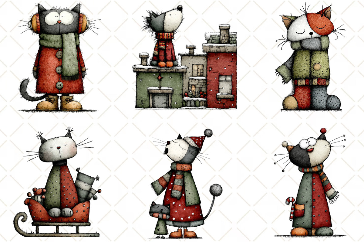 Whimsical Christmas Cats Clipart PNG, an Animal Illustration by Black Bird Studio (Photo 2 of 5)