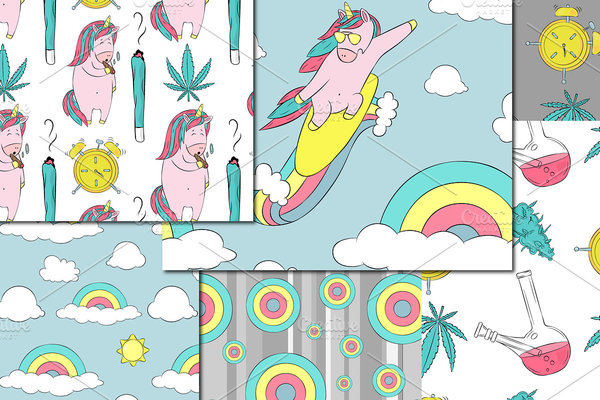 Vector cannabis & unicorns patterns, a Background Graphic by lenavetka87 (Photo 9 of 10)