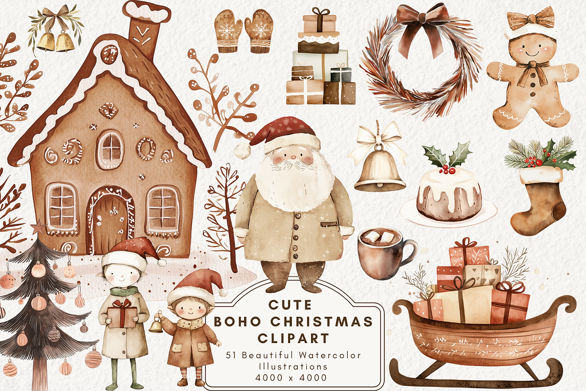Cute Boho Christmas Clipart, an Illustration by NadiaTheronArt (Photo 1 of 5)
