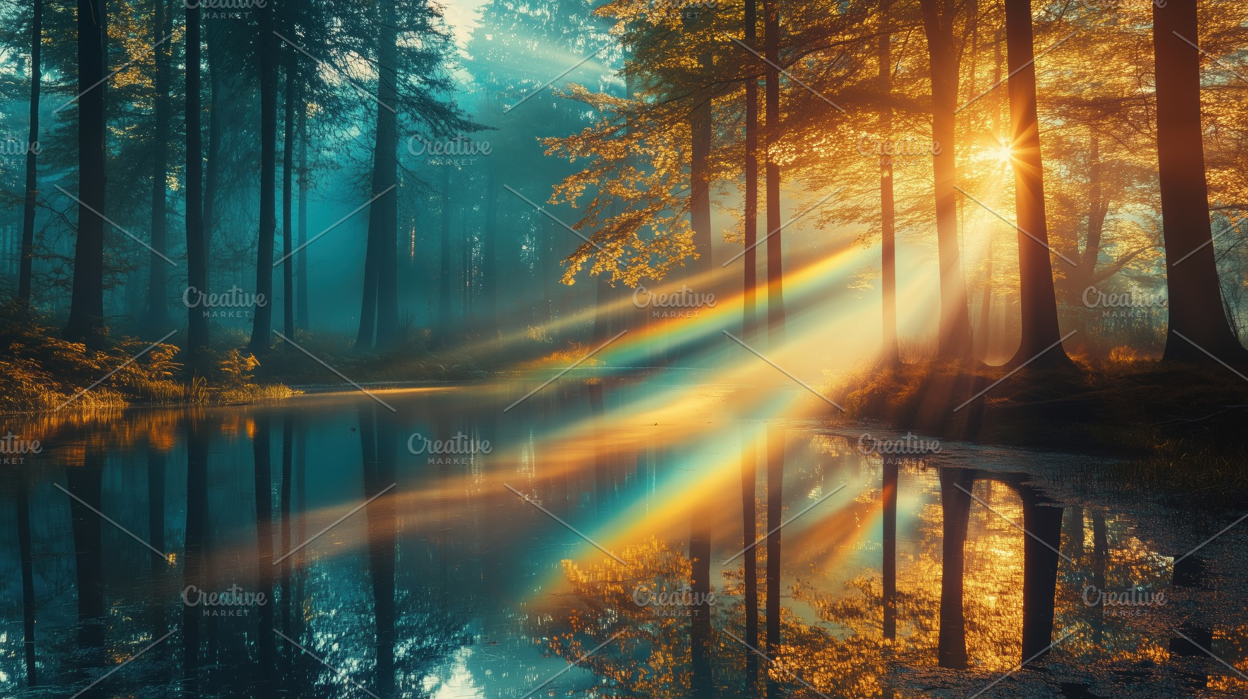 A serene forest scene at sunrise, with sunlight filtering through trees and ref, a Photo by Textures & Backgrounds