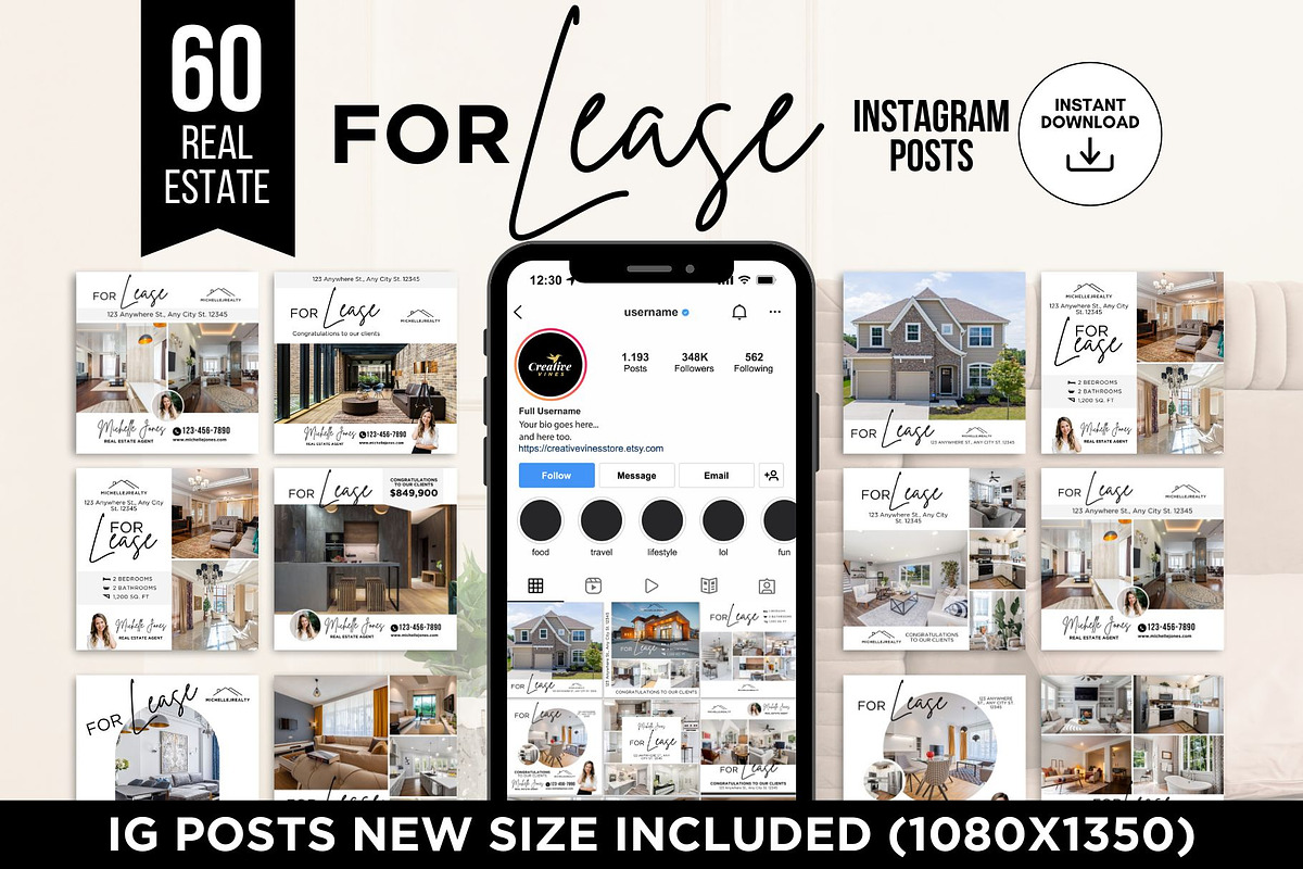 For Lease Real Estate Instagram Post, a Social Media Template by CreativeVinesStore (Photo 1 of 11)