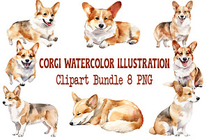 Corgi Watercolor Clipart Bundle, an Animal Illustration by Pet Cave