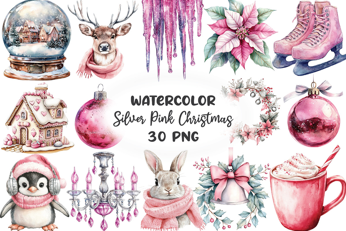 Silver Pink Christmas Clipart, an Illustration by CraftArtStudio (Photo 1 of 6)