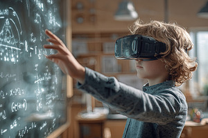 Young student wearing VR headset interacts with digital math for, a Technology Photo by Ales Munt