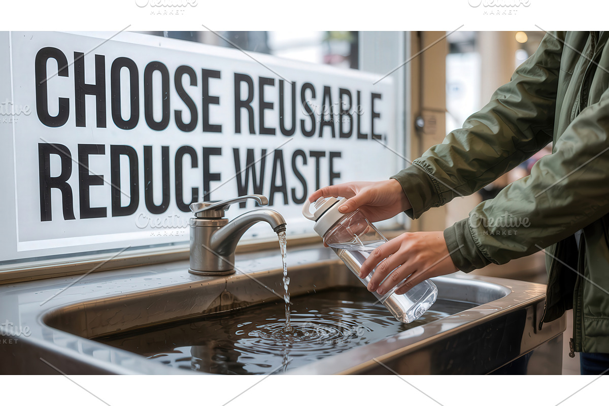 Person filling reusable water bottle, an Illustration by tilialucida