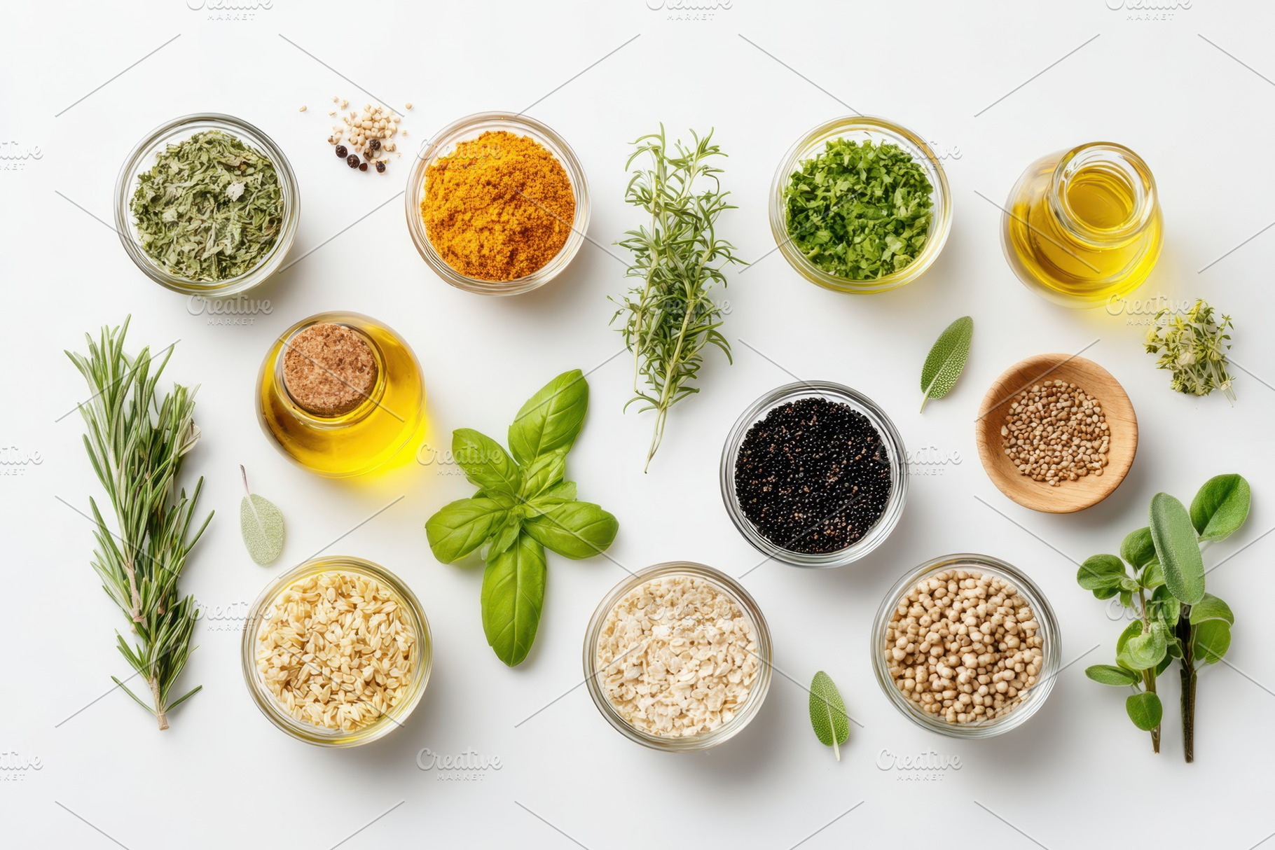 Assorted herbs, spices and grains flatlay, a Food & Drink Photo by AlyaAnd