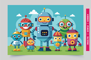 Seven robots on green grass, an Illustration by Tanuart