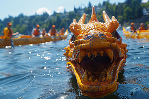 Vibrant Dragon Boat Race on a Sunny Day with Teams Paddling, an Illustration by AS photostudio