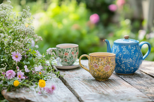 Two floral teacups and a blue teapot, a Food & Drink Photo by MistyDay