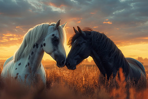 Two majestic horses, one white with spots and one deep black, nuzzle affectiona, an Animal Photo by ImageMir