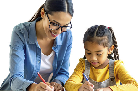 Young teacher with asian girl at classroom isolated photo