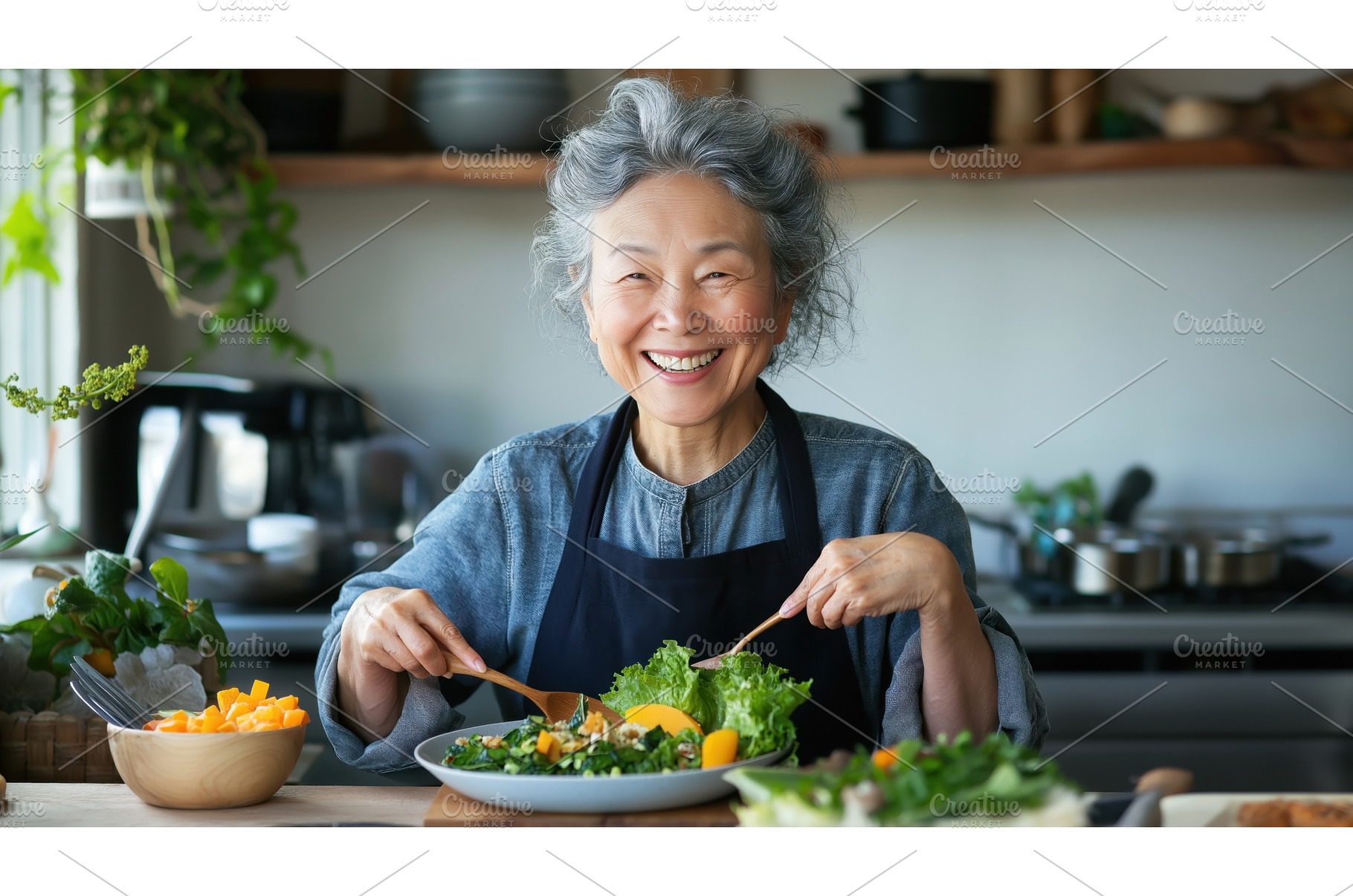 Elderly Asian woman joyfully, a Food & Drink Photo by Sergey Kotenev