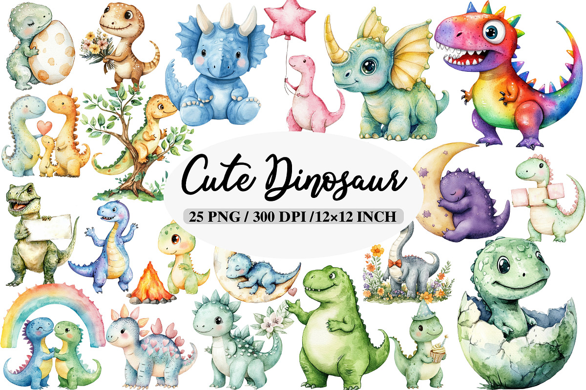 Cute Dinosaur Watercolor Clipart, an Illustration by Daily.Designs (Photo 1 of 5)