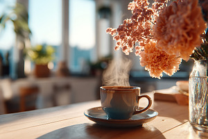 Cozy breakfast nook featuring a wooden table and steaming coffee cup with flowe, a Photo by AlyaAnd