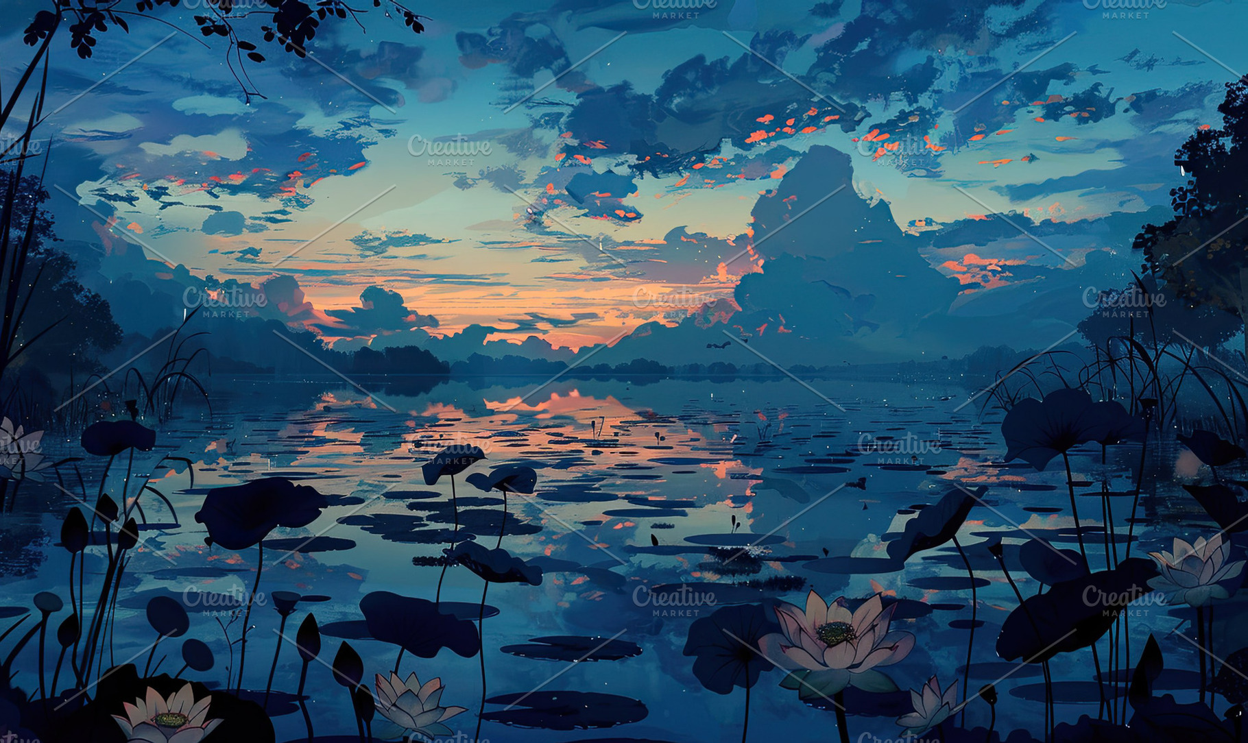 Lotus pond at twilight, where the si, a Photo by LOGOCREATIVE