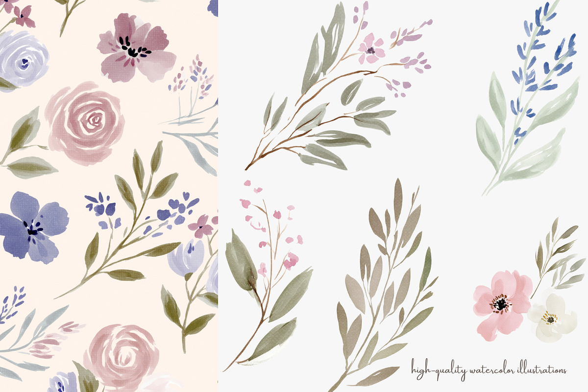 watercolor floral clipart set, a Decorative Illustration by Patishop Art (Photo 7 of 10)