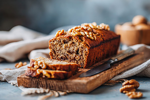 Delicious banana bread loaf sliced on a wooden board, showcasing texture and wa, a Food & Drink Photo by AlyaAnd