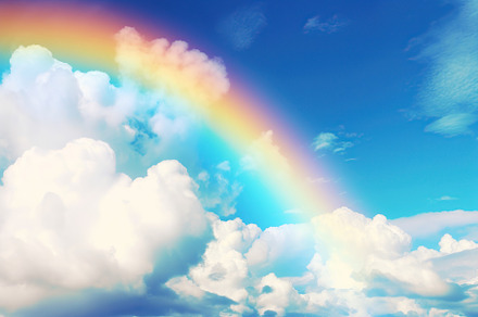 Beautiful sky with colorful rainbow and white clouds. Generative AI, a Nature Photo by AlyaAnd