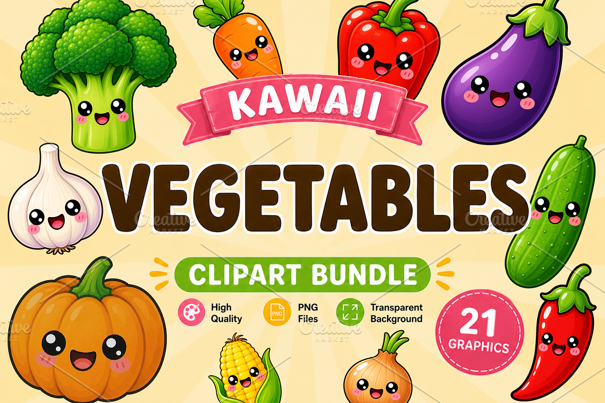 Kawaii Vegetables Clipart PNG Bundle, a Food Illustration by QM_ART (Photo 1 of 4)