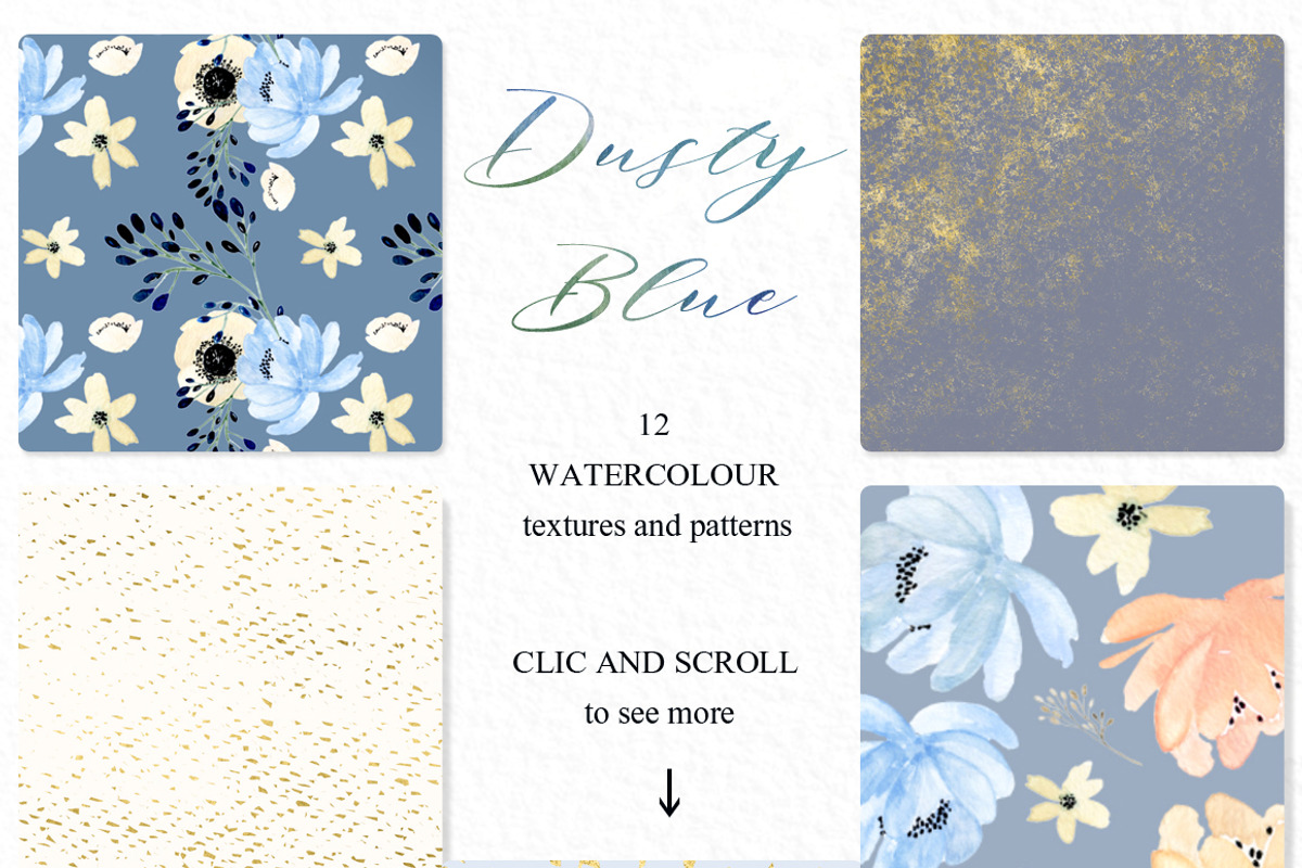 Dusty blue gold. Watercolor flowers, a Texture Illustration by LABFcreations (Photo 5 of 12)