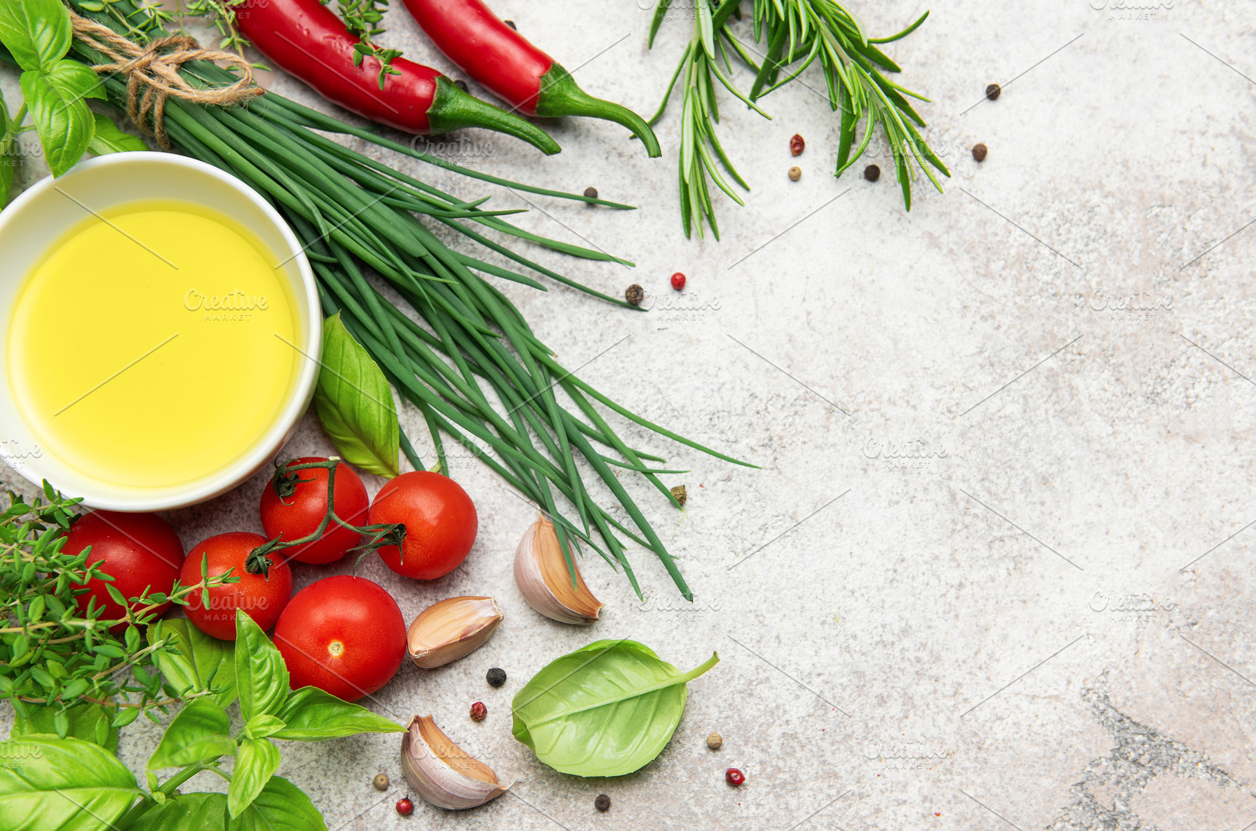 Fresh herbs and spices with olive oil creating culinary inspirat, a Food & Drink Photo by Olena Rudo