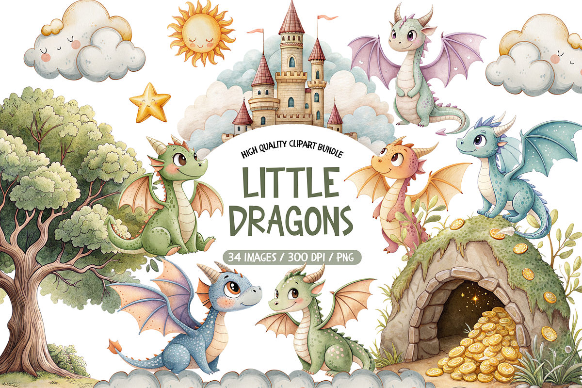 Watercolor Fantasy Baby Dragons Set, an Illustration by TatiMockup (Photo 1 of 7)