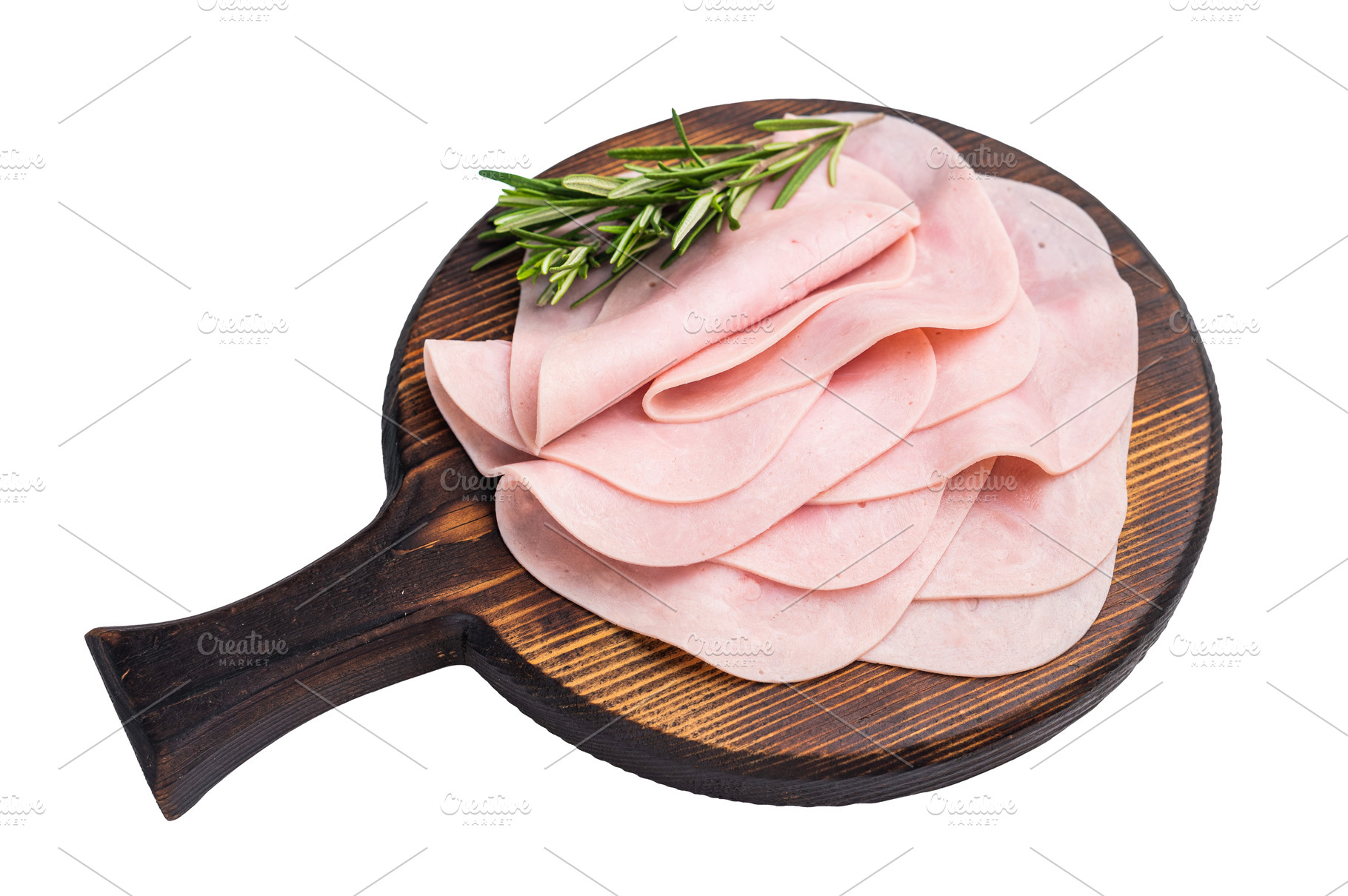 Close up of savory sliced ham showcasing its rich color and text, a Food & Drink Photo by composter-box@mail.ru