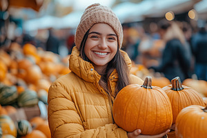 Young smiling woman buying ripe pumpkin for Halloween on street market, a Photo by AlyaAnd