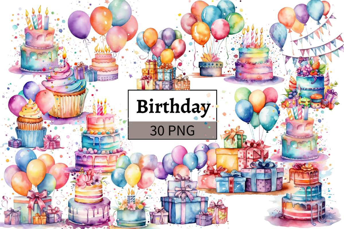 Watercolor Birthday Clipart Bundle, an Illustration by Mash Mash Stickers (Photo 1 of 9)