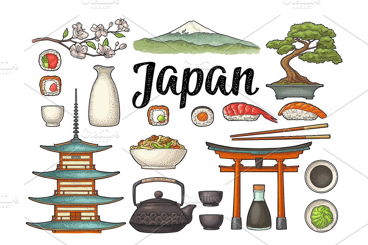 Set Japan Fuji pagoda sushi engrave, an Illustration by MoreVector