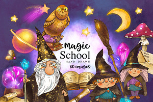 Magic school. Wizard witch clipart