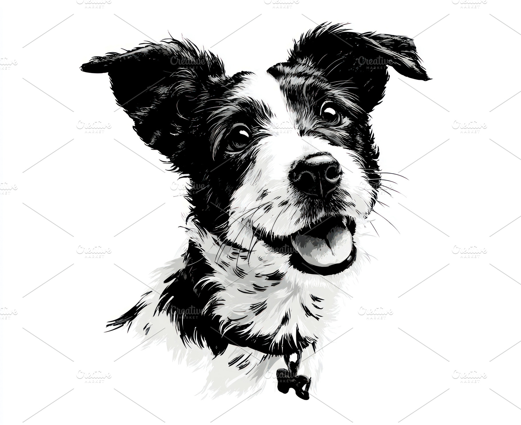 Black and white illustration of a happy dog with perked ears and, an Animal Photo by José Manuel Gelpi