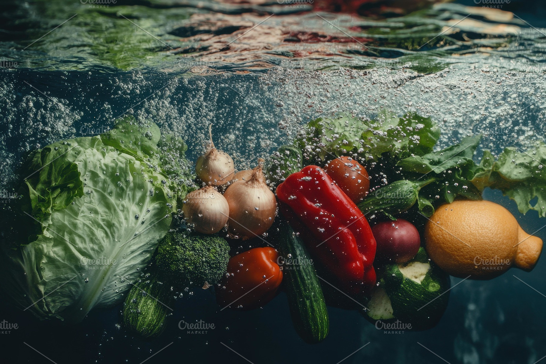 Fresh vegetables submerged in water, a Photo by Tanuart
