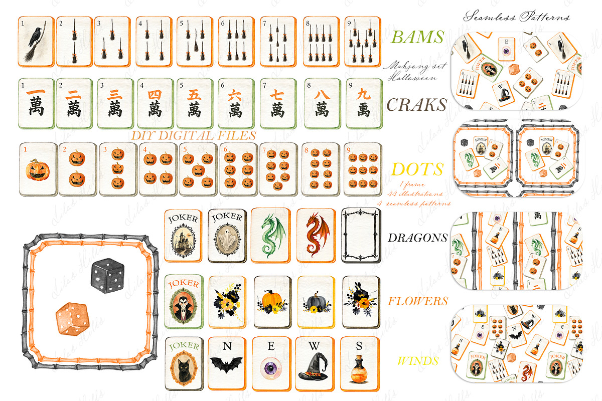 Halloween Mahjong Watercolor Clipart, an Education Illustration by LABFcreations (Photo 4 of 4)