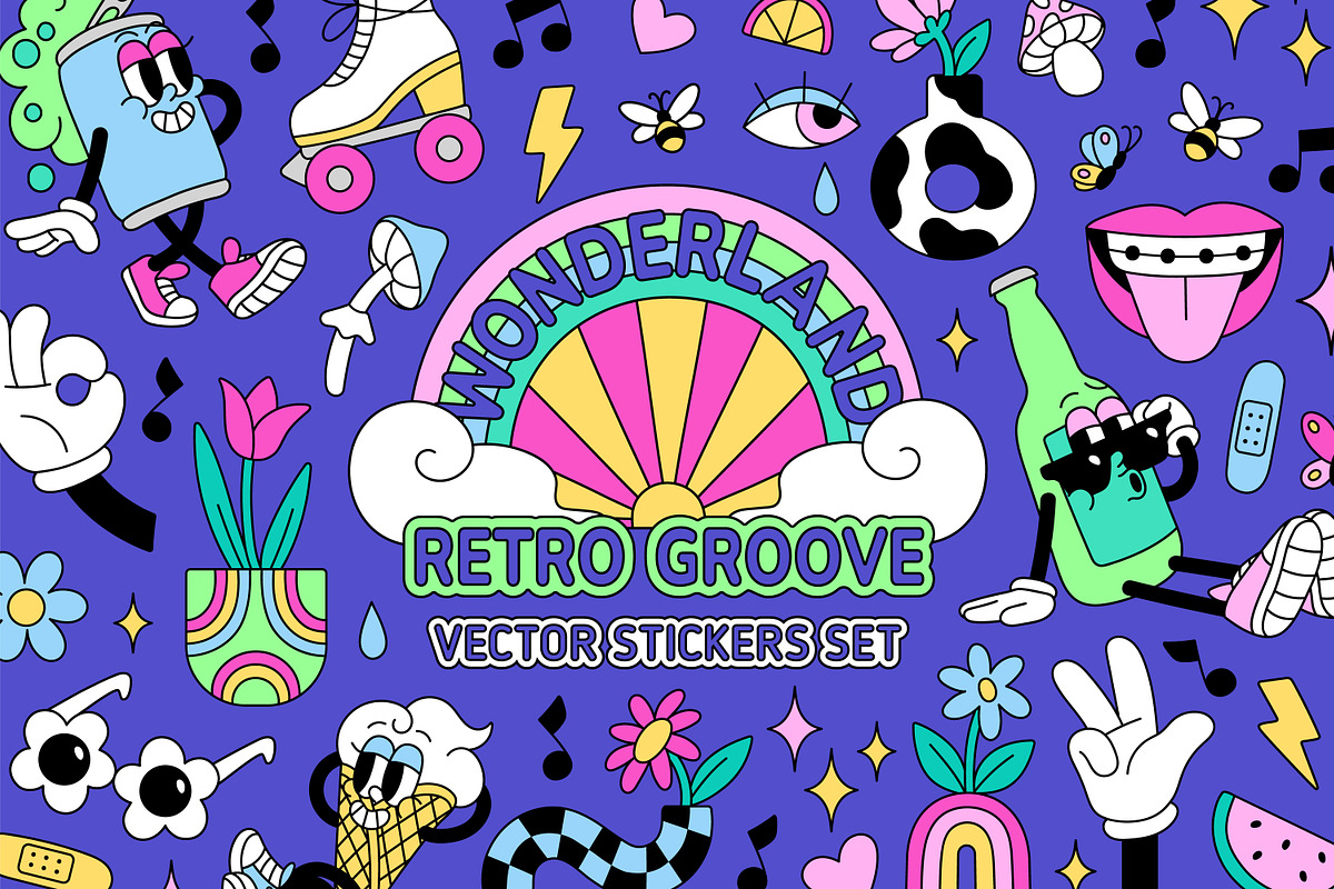 Retro stickers in groovy style set, a Decorative Illustration by PaperTrident (Photo 1 of 8)