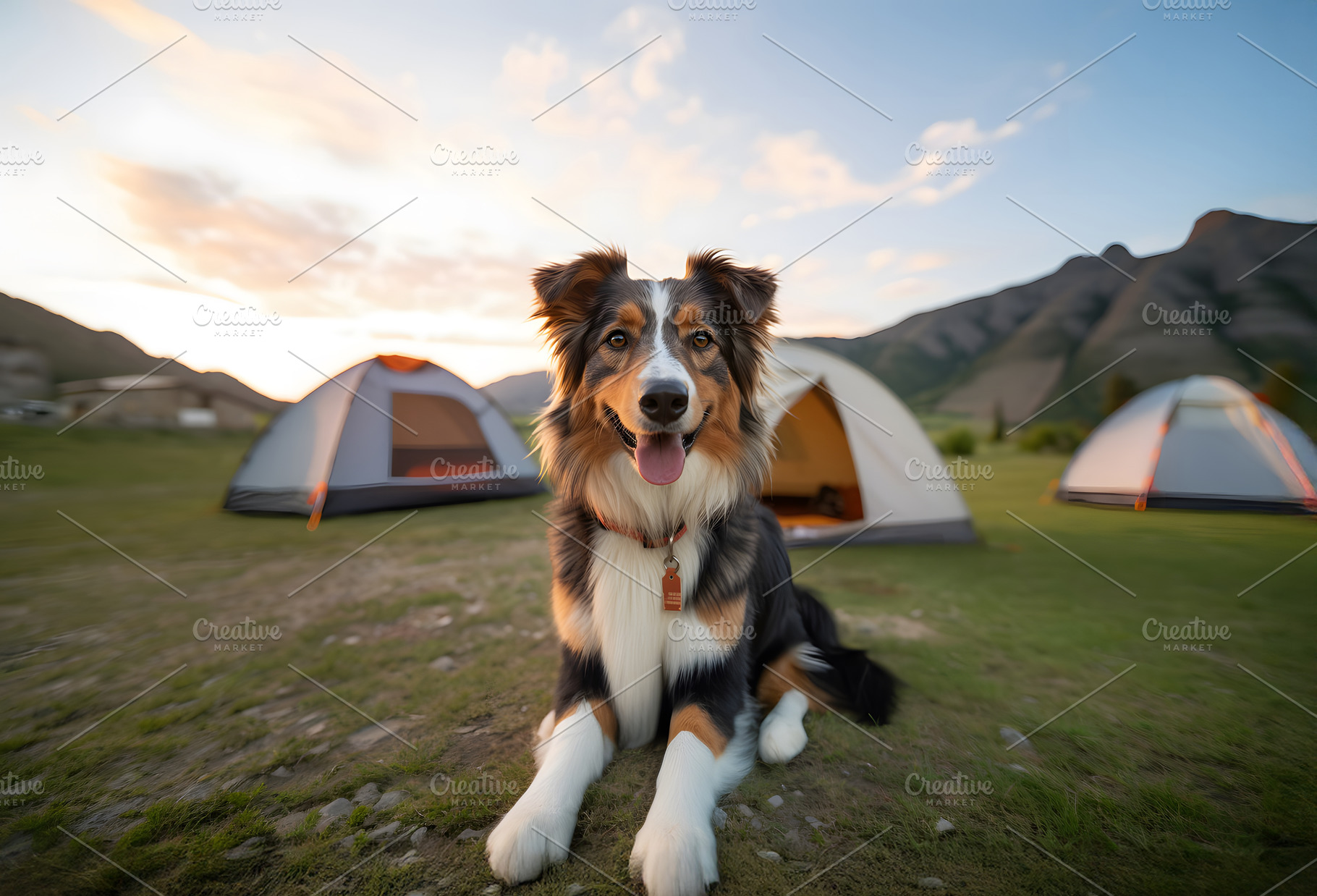 Portrait of Australian Shepherd dog in front of camping tent in mountain forest, an Animal Photo by Lenor4ik