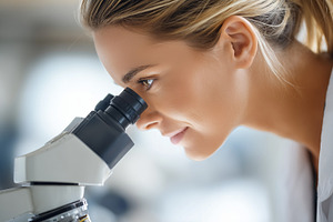 Female scientist looking through, a Health & Medical Photo by MistyDay