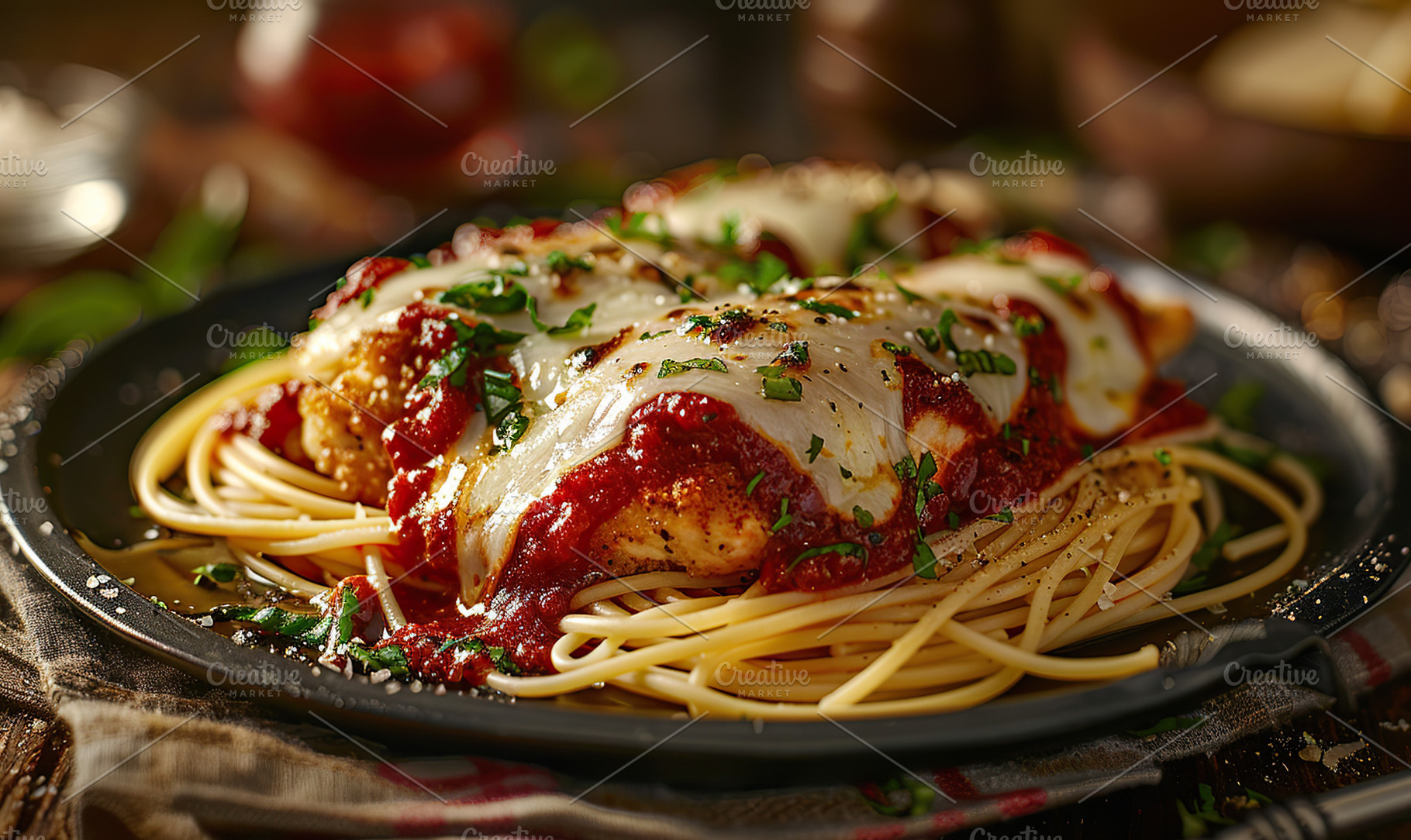 A sumptuous plate of chicken parmesa, a Photo by LOGOCREATIVE