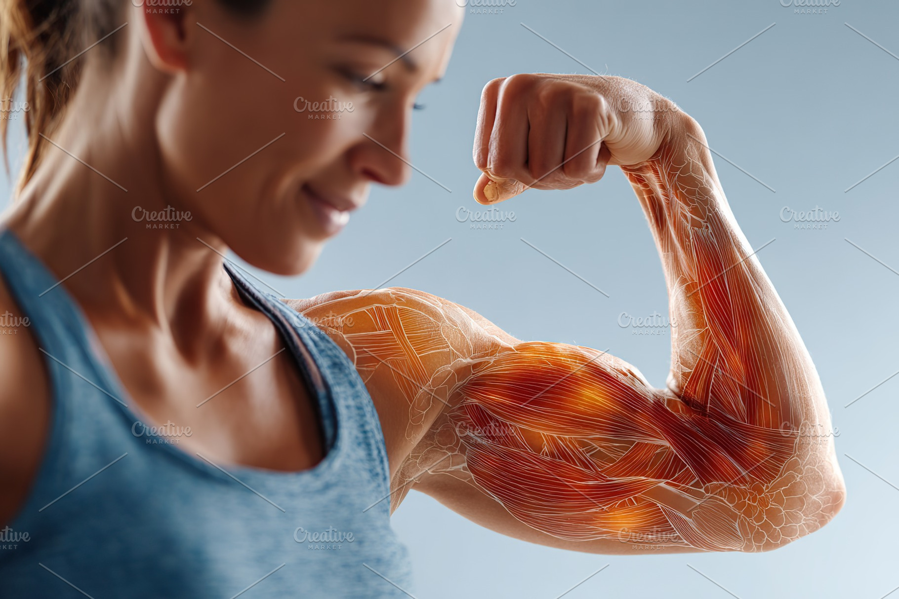 Woman flexing bicep to showcase muscle anatomy and strength in a close-up view, a Sports & Recreation Photo by AlyaAnd