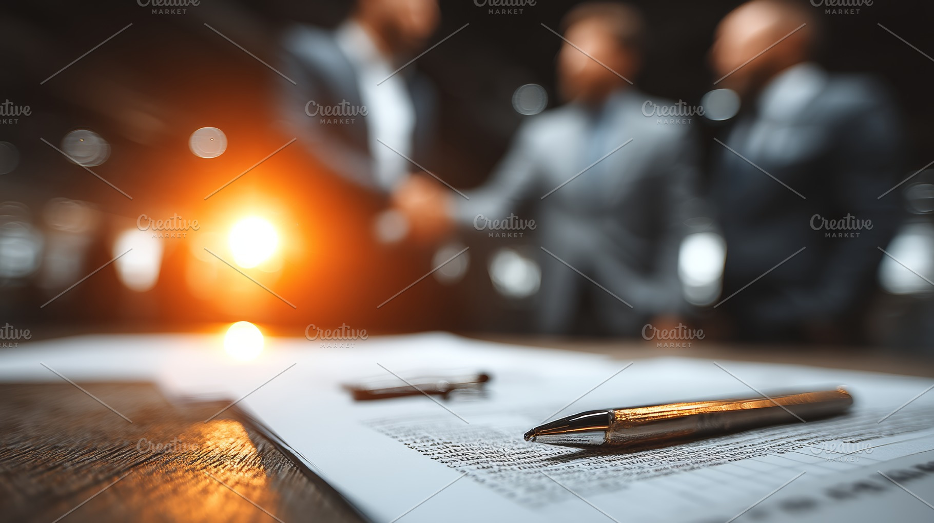 Closeup of pen on document with blurred handshake in the background, a Person Photo by AS photostudio