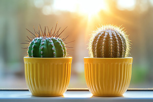 Different green cactuses in bright yellow pots against a warm sunset background, a Nature Photo by AlyaAnd