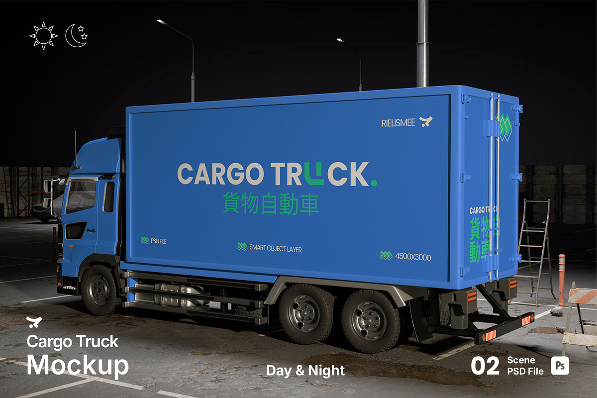 Cargo Truck Mockup Day & Night Scene, an Advertising Mockup by Rielismee (Photo 1 of 5)