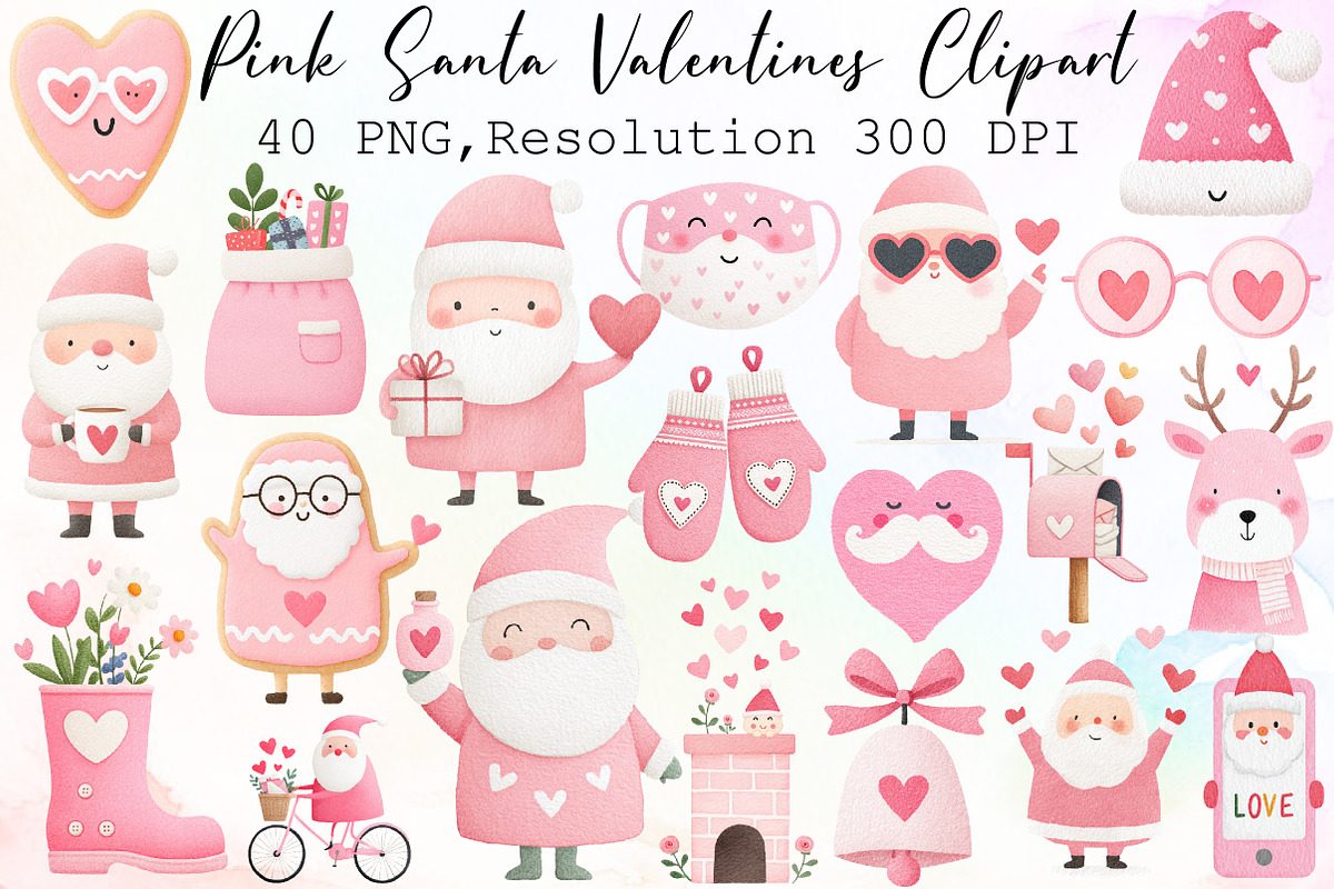 Pink Santa Valentines Clipart Bundle, an Illustration by Sublimation Artist (Photo 1 of 6)