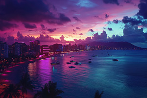 A vibrant sunset over a coastal city, with colorful reflections on the water. T, an Industrial Photo by Textures & Backgrounds