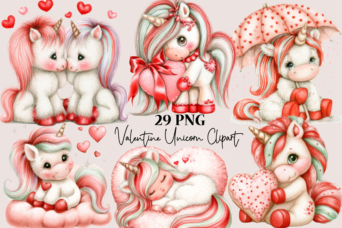 Whimsical Valentine Unicorn Clipart, an Animal Illustration by SVGArt (Photo 1 of 5)
