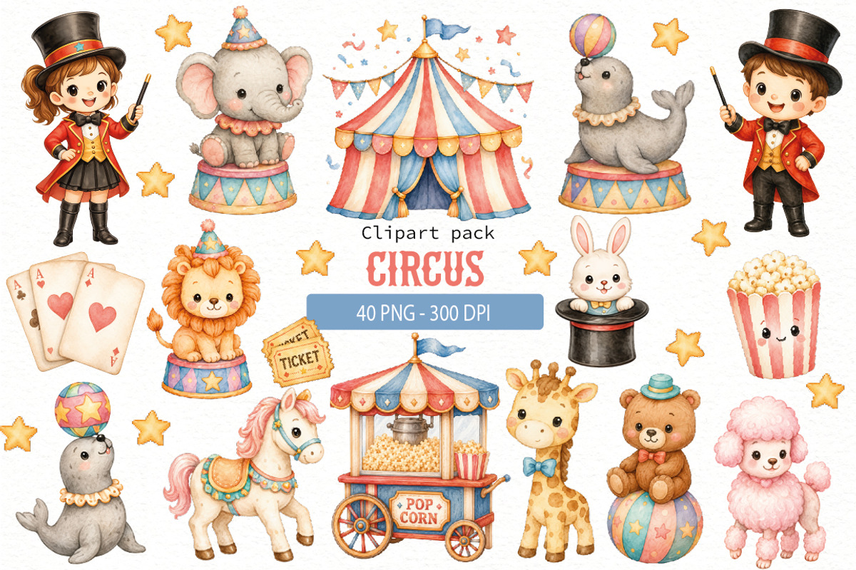 Watercolor Circus Animals Clipart, an Animal Illustration by Villa 11 Estudio (Photo 1 of 6)