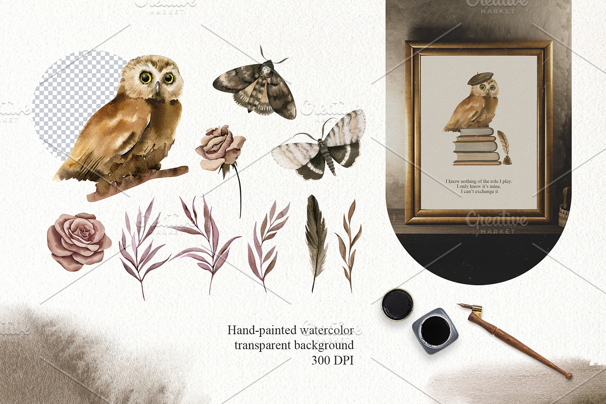 Dark Academia watercolor clipart set, an Education Illustration by Color Hugs Art (Photo 2 of 10)