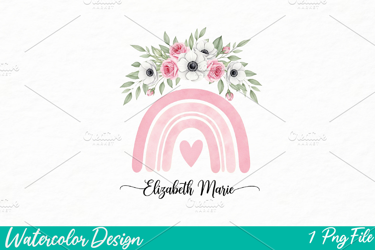 Pink Floral Boho Rainbow Sublimation, an Illustration by Watercolor design (Photo 1 of 3)